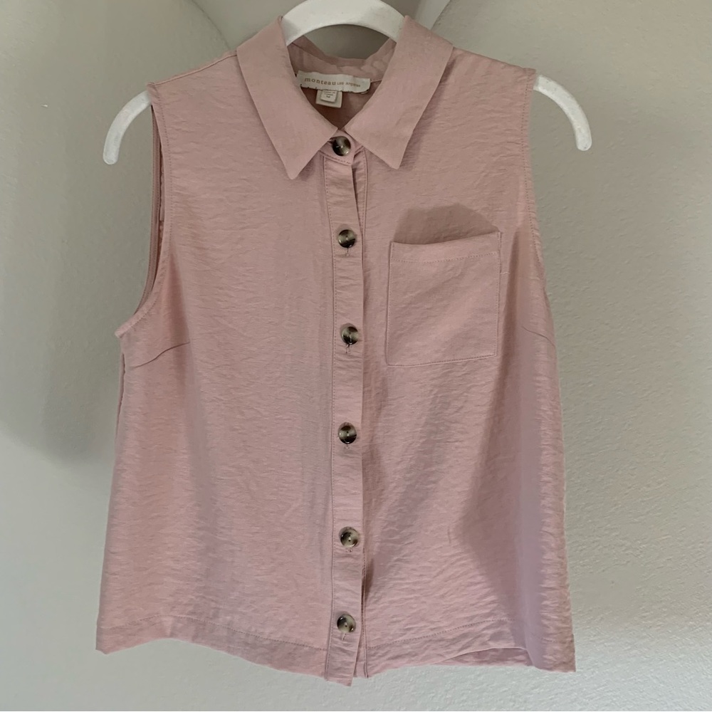monteau mauve pink button up sleeveless tank blouse